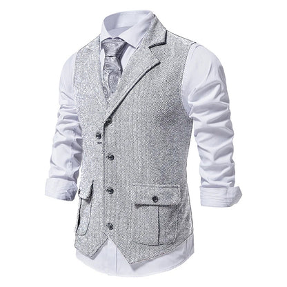 Men's Business Herringbone Lapel Pocket Sleeveless Vest