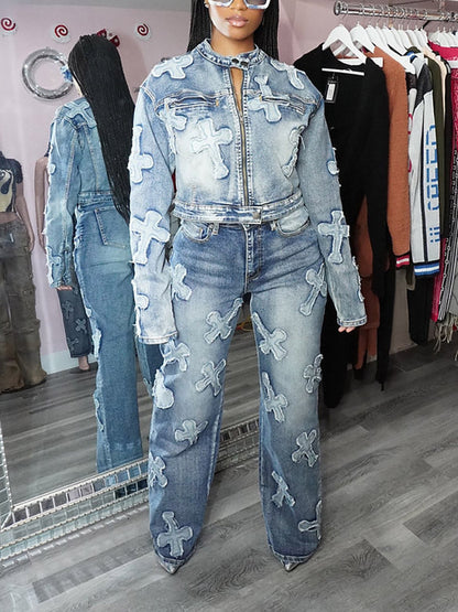 Cross Denim Jacket Pants Set