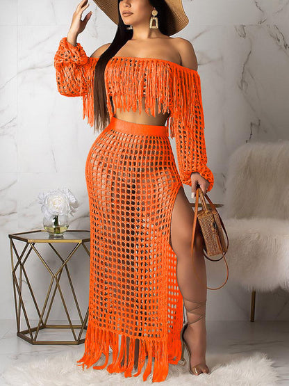 Crochet Tassel Top & Fishnet Skirt Set