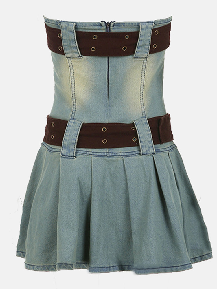 Double Belt Retro Ruched Denim Dress