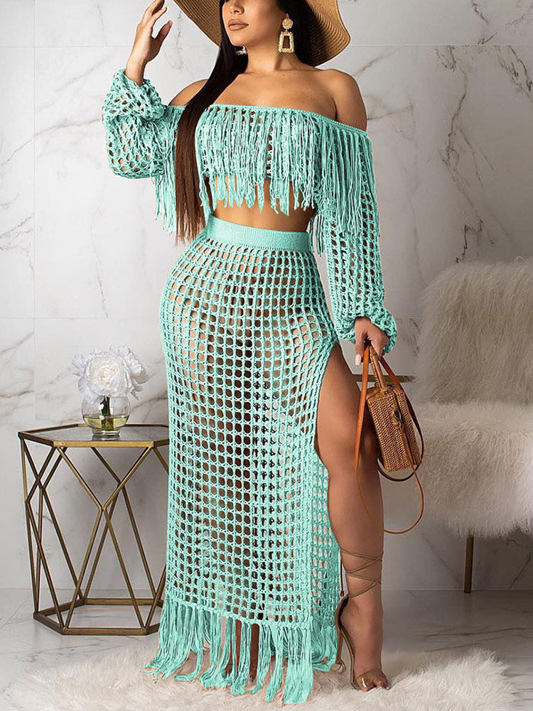 Crochet Tassel Top & Fishnet Skirt Set