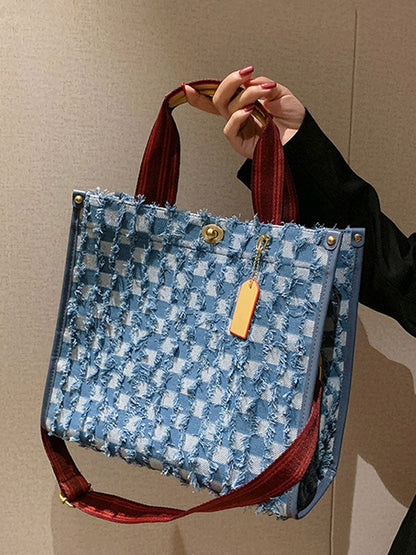 Women's Denim Checkerboard Tote Bag