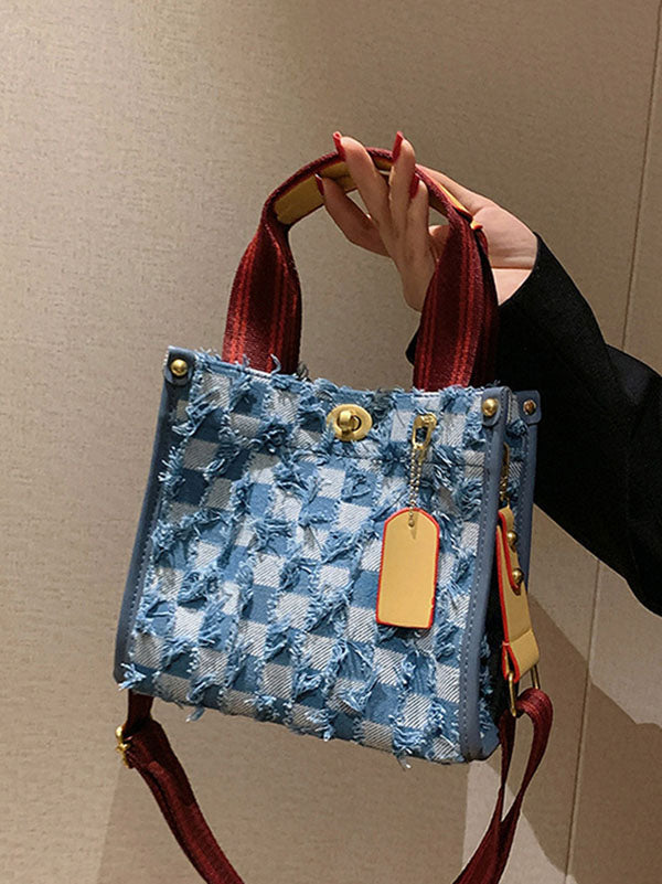 Women's Denim Checkerboard Tote Bag