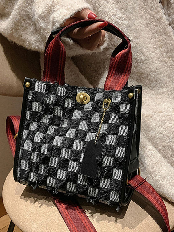 Women's Denim Checkerboard Tote Bag