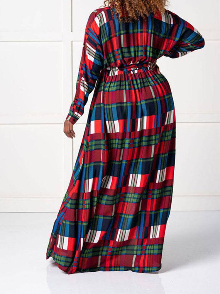 Plaid Print Shirt Collar Maxi Dress