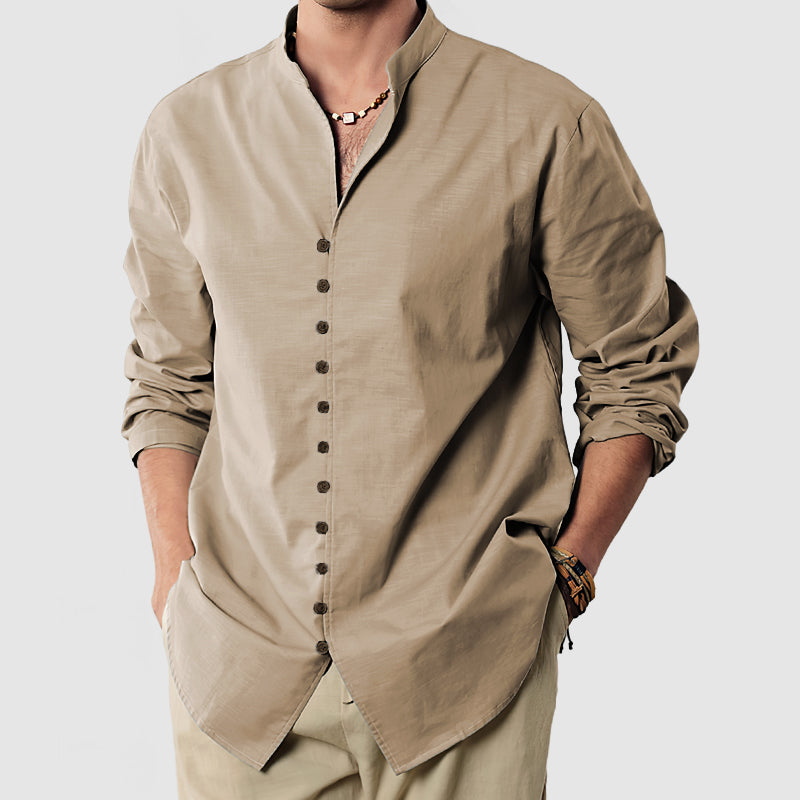 Gentleman's Standing Collar Button Down Cotton Linen Shirt