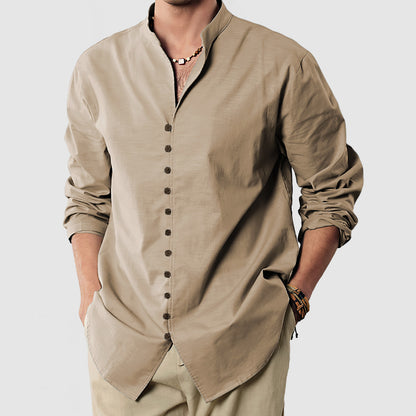 Gentleman's Standing Collar Button Down Cotton Linen Shirt