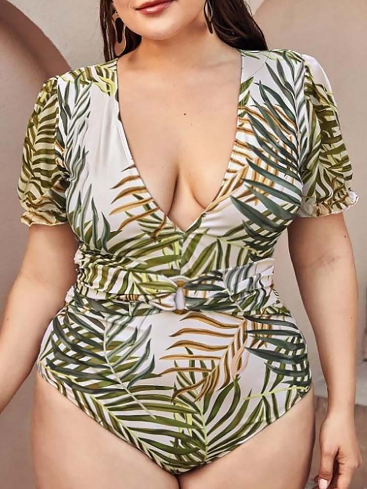 Leaf Printed One Piece Swimwear