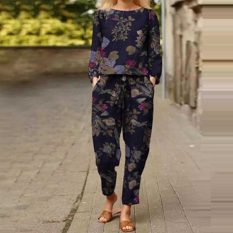 Women's Fashion Long Sleeve Top Casual Pants Cotton And Linen Two Piece Suit