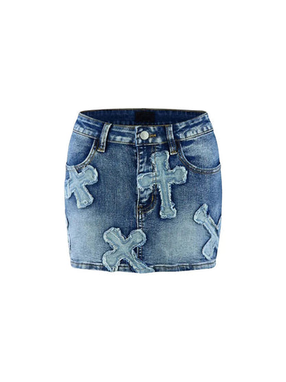 Denim Halter Top Cross Skirt Set