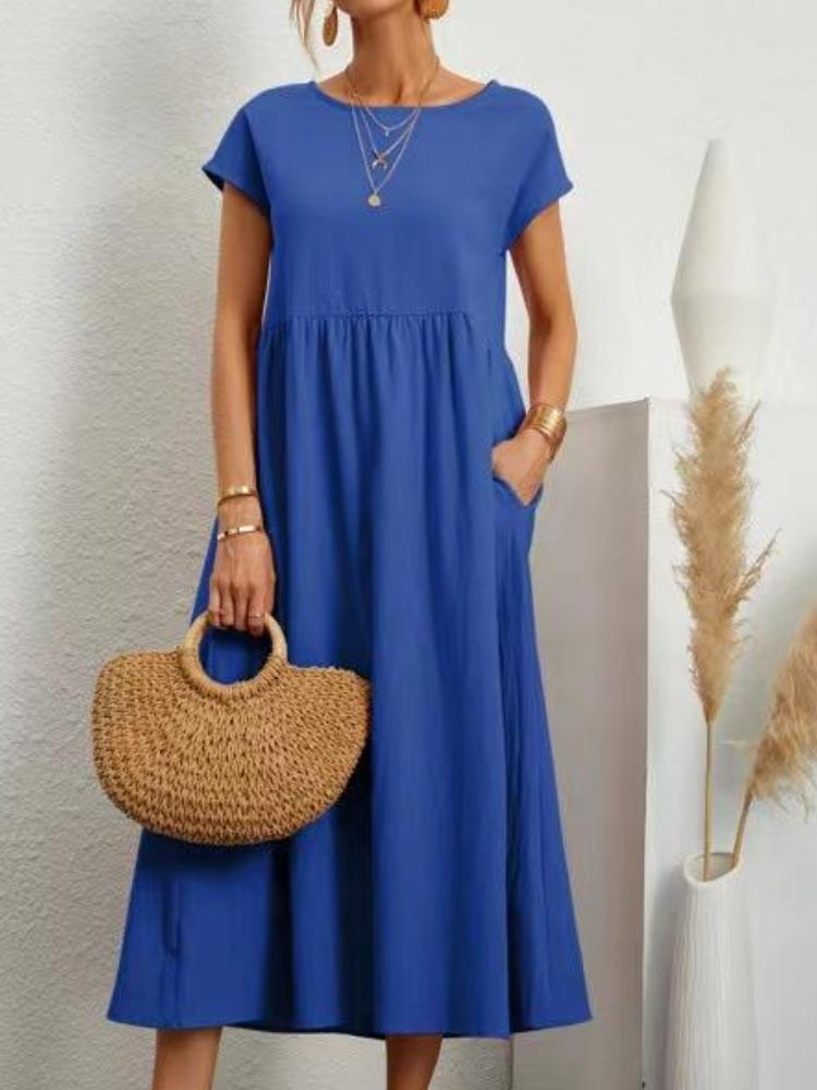 Solid Color Loose Cotton And Linen Pocket Dress