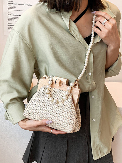 Women's Pearl Decor Twist Lock Straw Bag