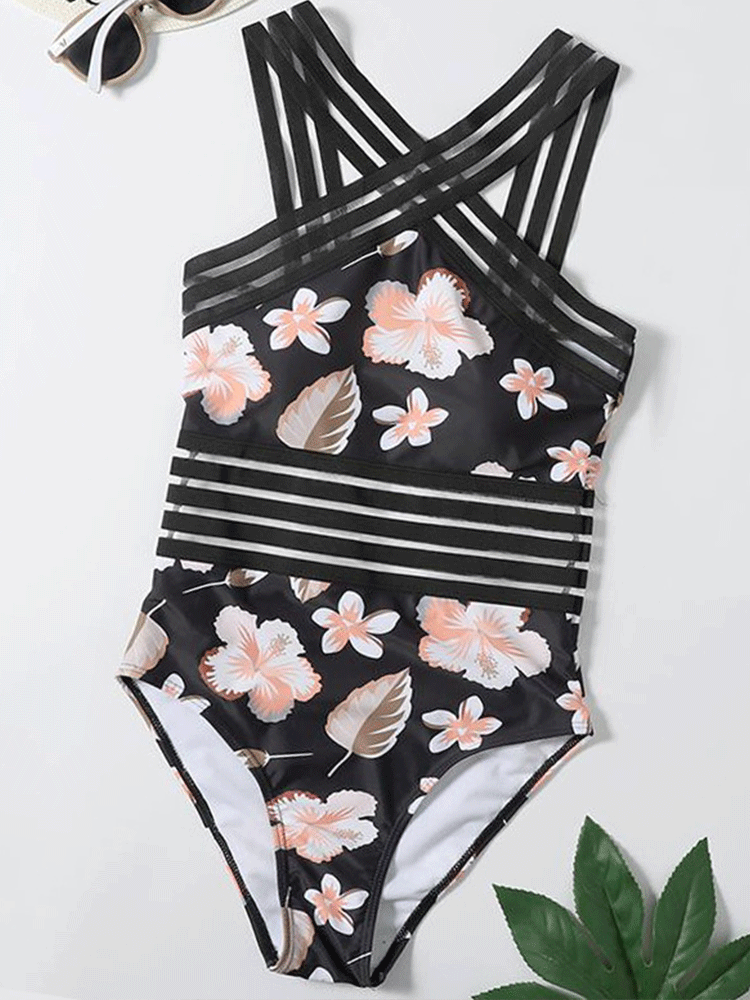 Halter Cross Tie Stripe Swimsuit