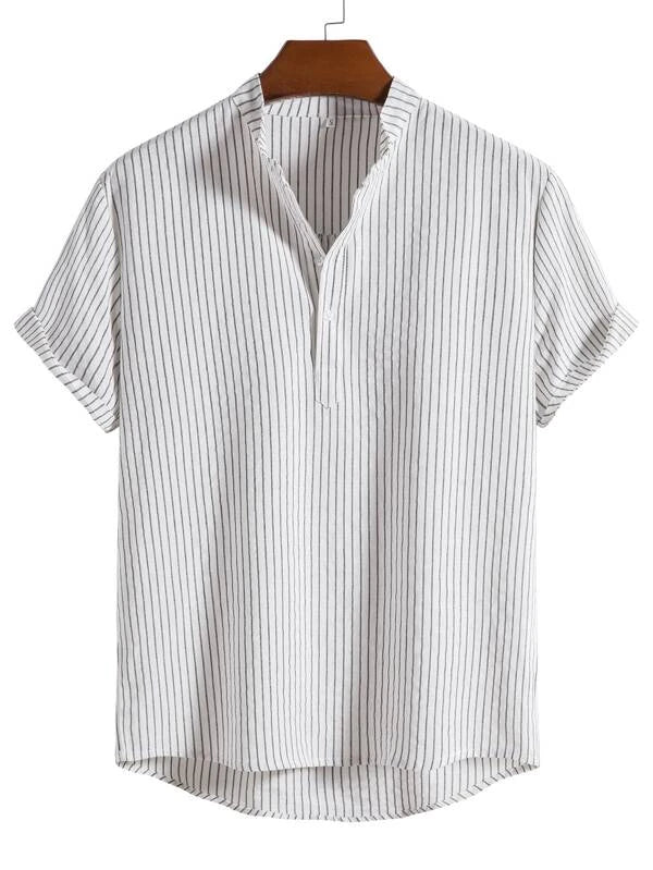 Men Linen Striped Half Button Shirt