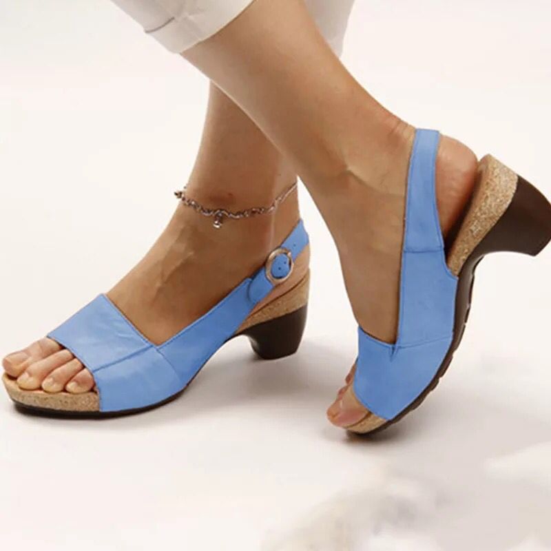 Women's Solid Color Chunky Heel Buckle Sandals