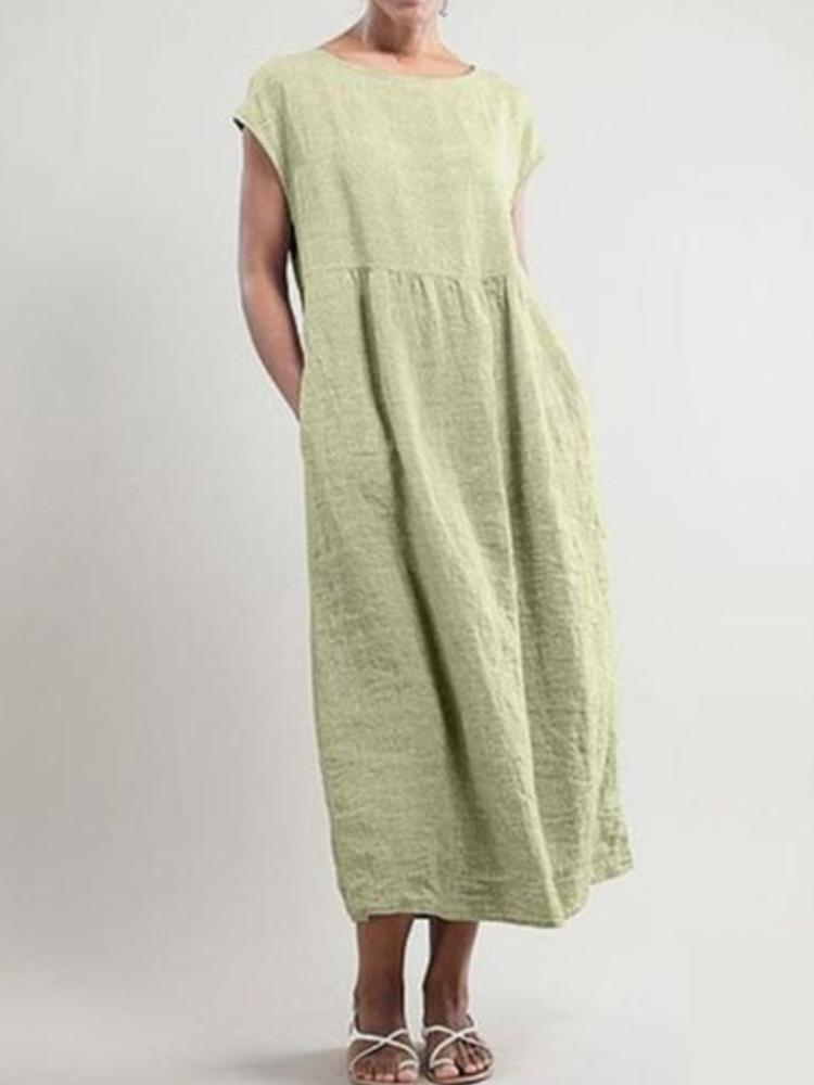 Solid Color Loose Cotton And Linen Pocket Dress