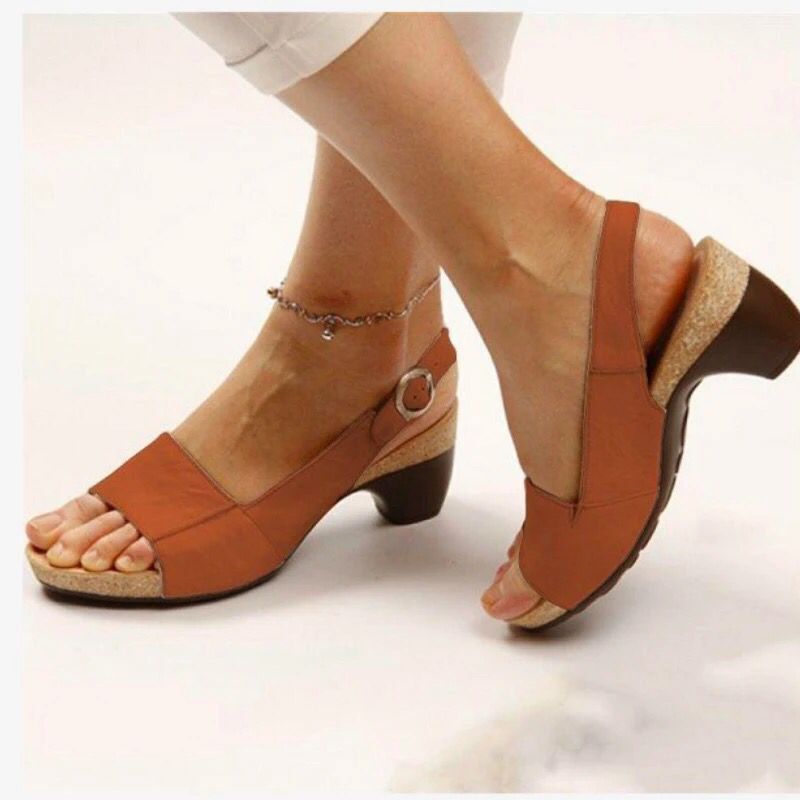 Women's Solid Color Chunky Heel Buckle Sandals