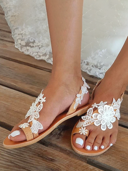 Women's Bohemian Style Flower Flip-Toe Flat Beach Sandals