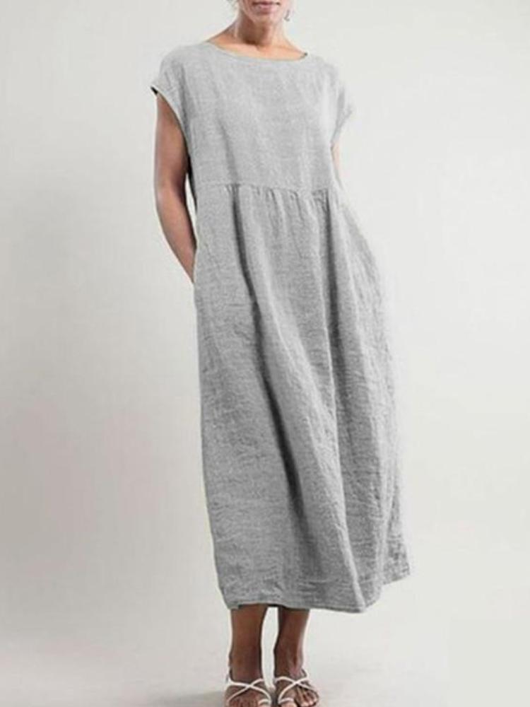 Solid Color Loose Cotton And Linen Pocket Dress