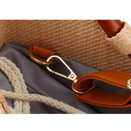 Women's Wooden Handle Handbag Straw Shoulder Bag for Women