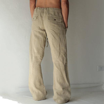 Loose Fit Leisure Trousers Drawstring Elastic Waist Solid Color Linen Straight Pants Long Pants Homewear