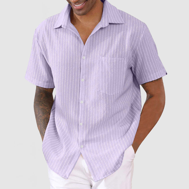 Men's Casual Cotton Linen Striped Short Sleeve Shirt