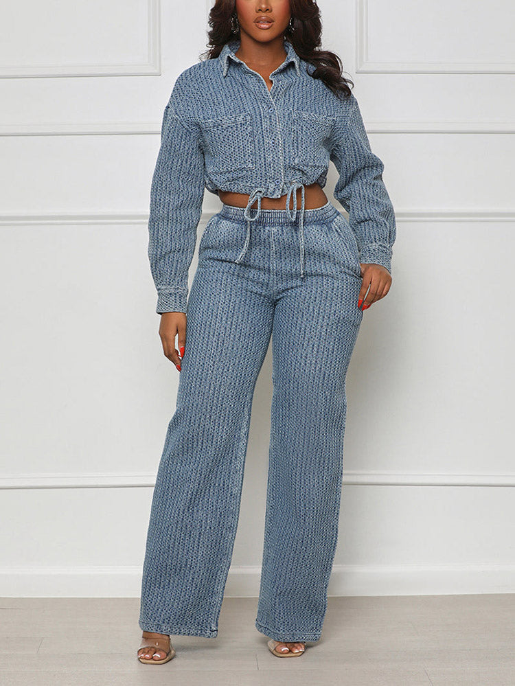 Denim Crop Jacket  Pants Set