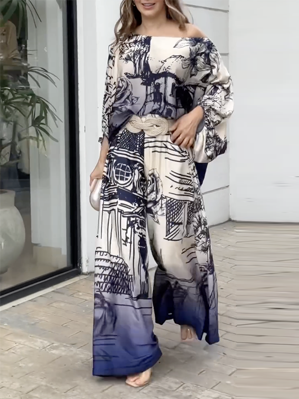 Printed Loose Puff Sleeves Off-the-shoulder Two-Piece Sets Pants Blouses