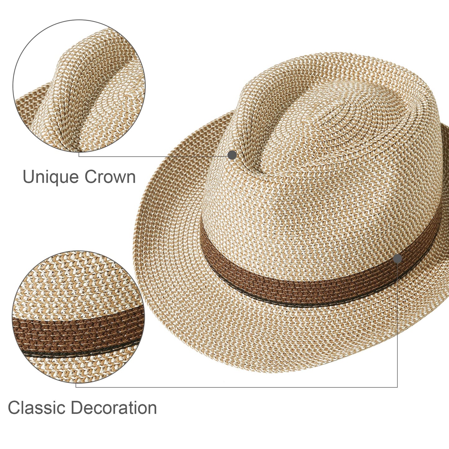 Men Short Brim Straw Hat Panama Fedora Hat Summer Beach Sun Trilby Hat Packable Roll Up Hat