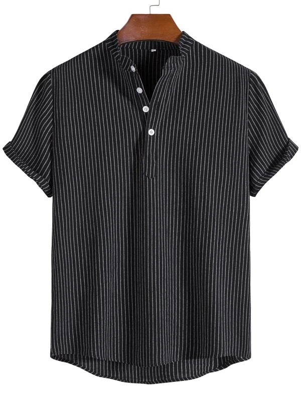 Men Linen Striped Half Button Shirt