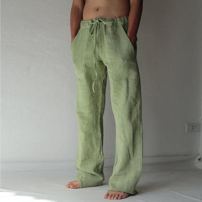 Loose Fit Leisure Trousers Drawstring Elastic Waist Solid Color Linen Straight Pants Long Pants Homewear