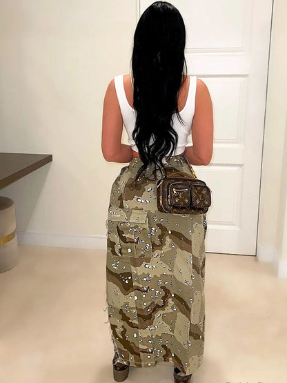 Camo Denim Button High Split Skirt