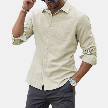 Men's lapel long sleeve solid color shirt