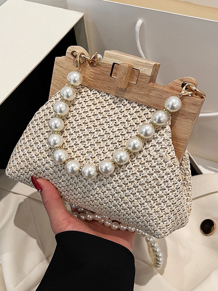 Women's Pearl Decor Twist Lock Straw Bag