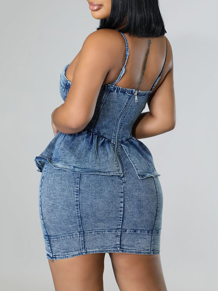 Sleeveless Zipper Ruffles Denim Dress