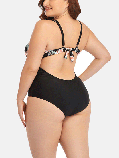 Mesh Waist Tie Printed Swimsuit