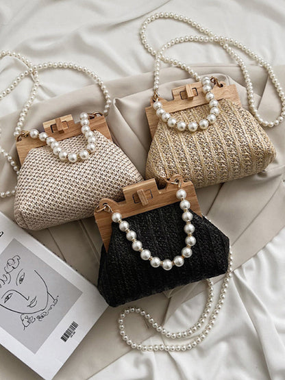 Women's Pearl Decor Twist Lock Straw Bag