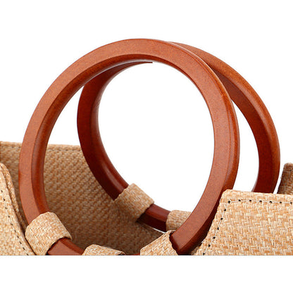 Women's Wooden Handle Handbag Straw Shoulder Bag for Women