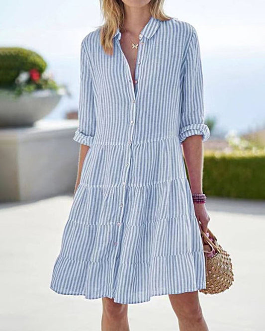 Long Sleeve Lapel Stripe Layered Panel Hem Shirt Dress