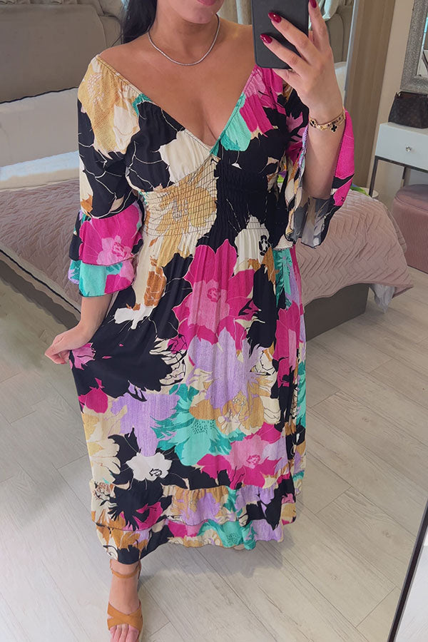 Women's Floral Print Ruffle Hem Maxi Dress