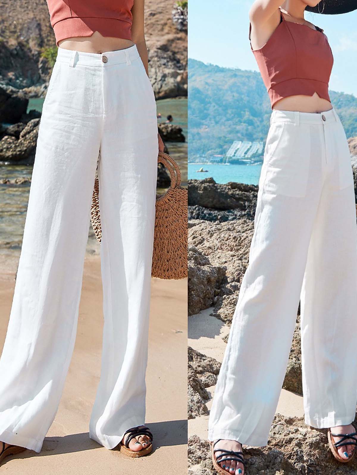 Plain High Waisted Button Pants