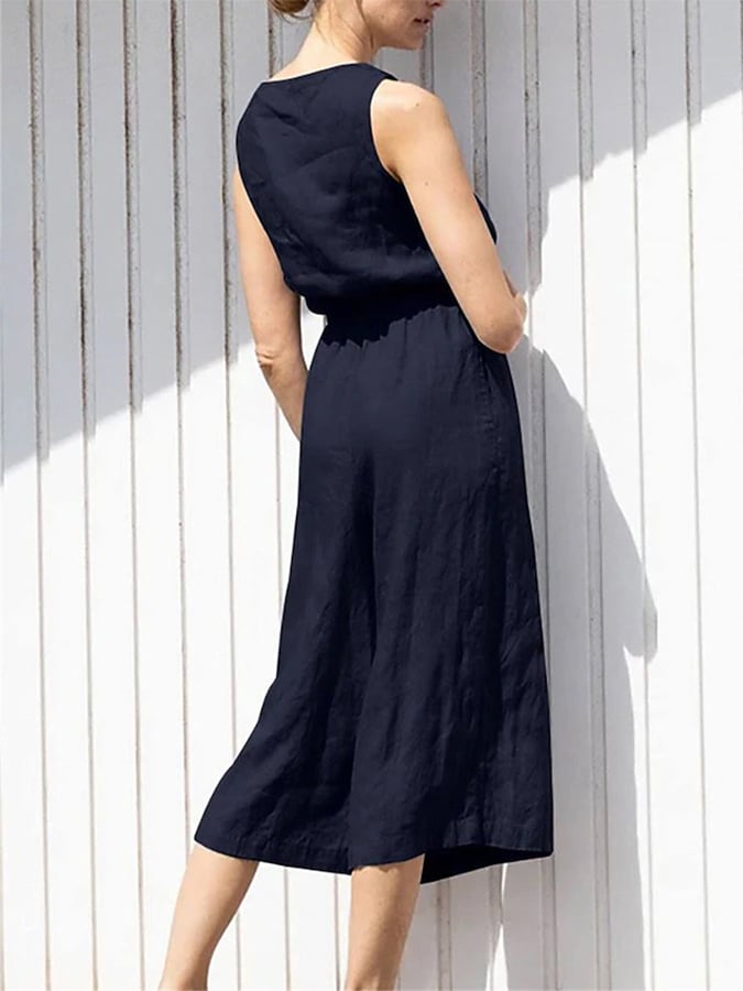 Women's Sleeveless Solid Button Elastic Waist Cotton Linen Wide Leg Jumpsuit