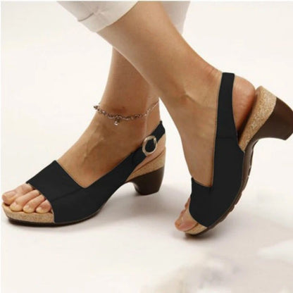 Women's Solid Color Chunky Heel Buckle Sandals