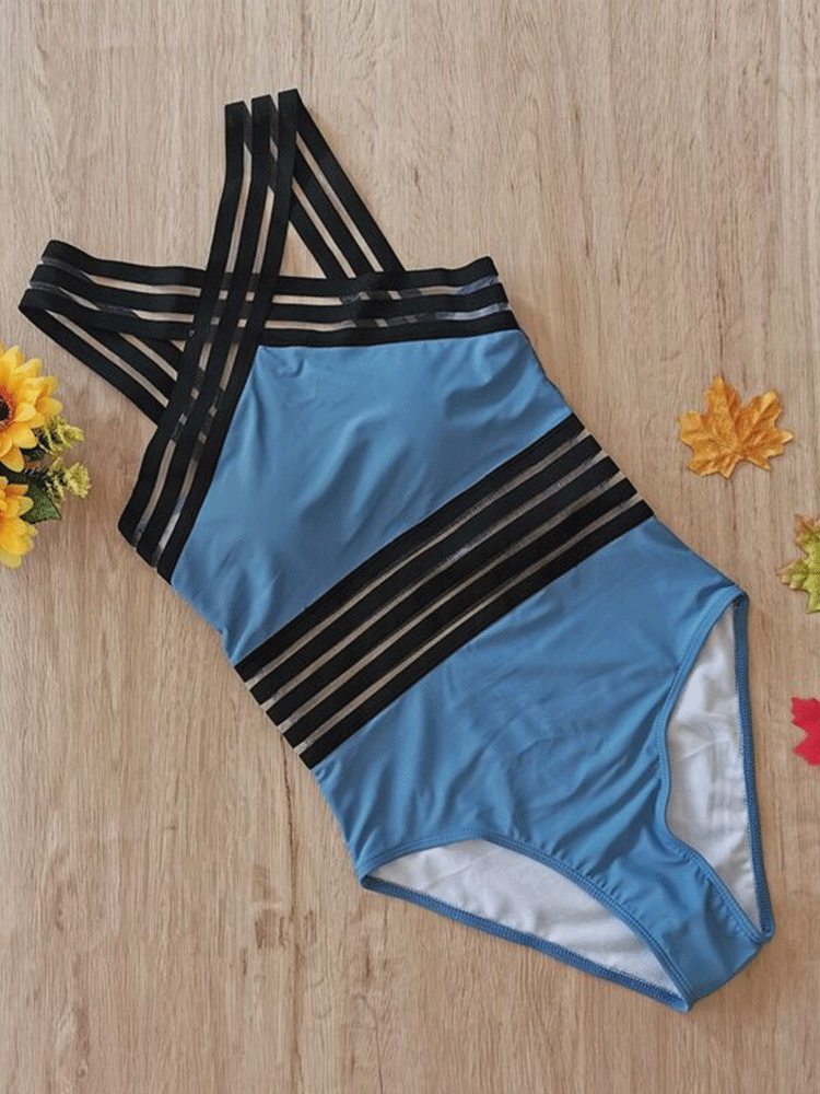 Halter Cross Tie Stripe Swimsuit