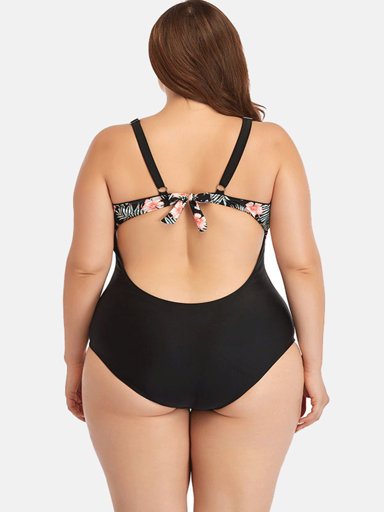 Mesh Waist Tie Printed Swimsuit