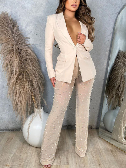 Blazer Beaded Sheer Pants Set