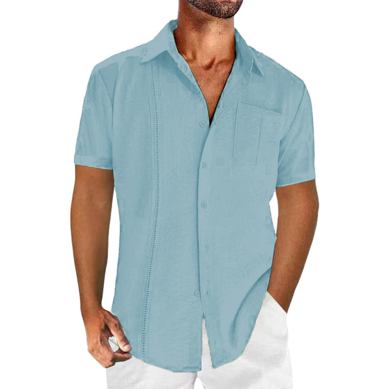 Casual solid color men's linen cotton short sleeve shirt