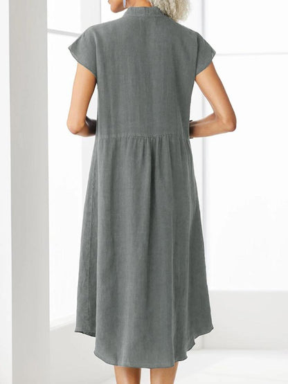 Women's Stand Up Collar Button Down Cotton And Linen Dress With A Pocket