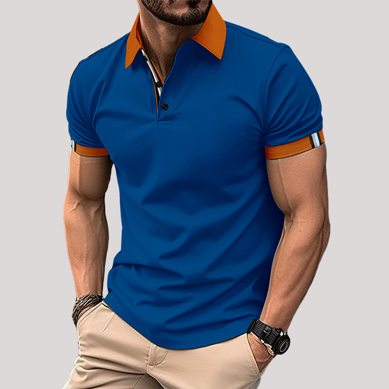 Men's Casual Cotton Colorblock Lapel Polo Shirt