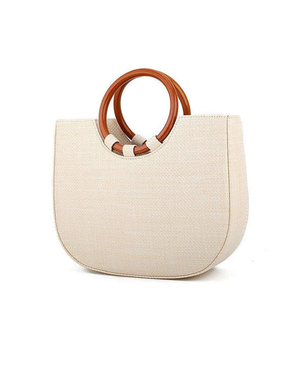 Women's Wooden Handle Handbag Straw Shoulder Bag for Women